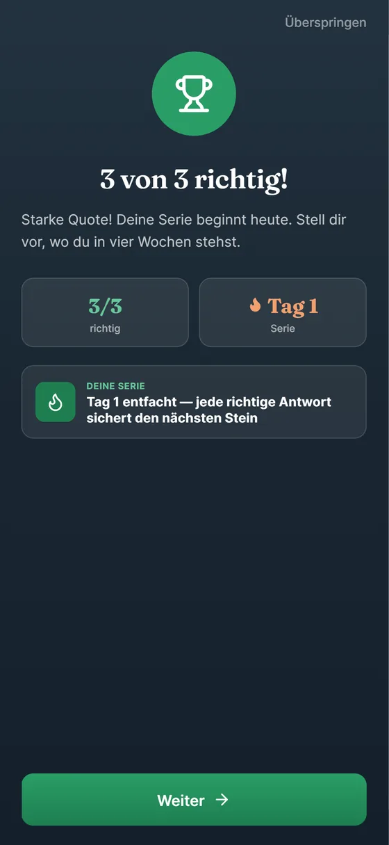 Erfolgs-Screen der App: 3 von 3 richtig, Serie gestartet