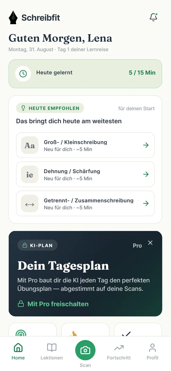 Dashboard: heute gelernt, empfohlene Lernfelder, Tagesplan
