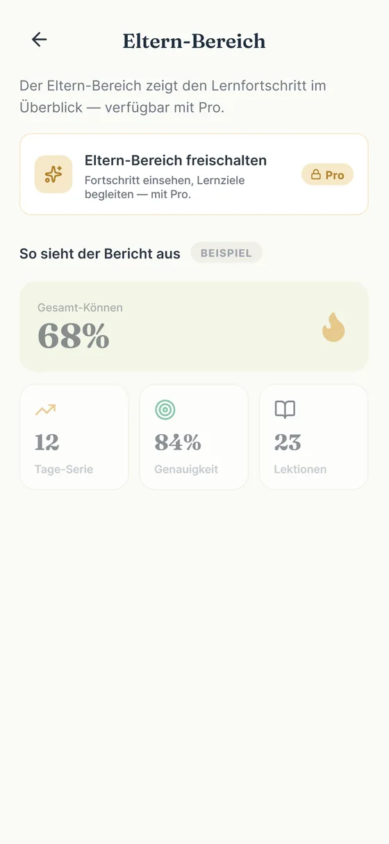 Eltern-Bereich: Beispiel-Bericht mit Gesamt-Können, Serie, Genauigkeit