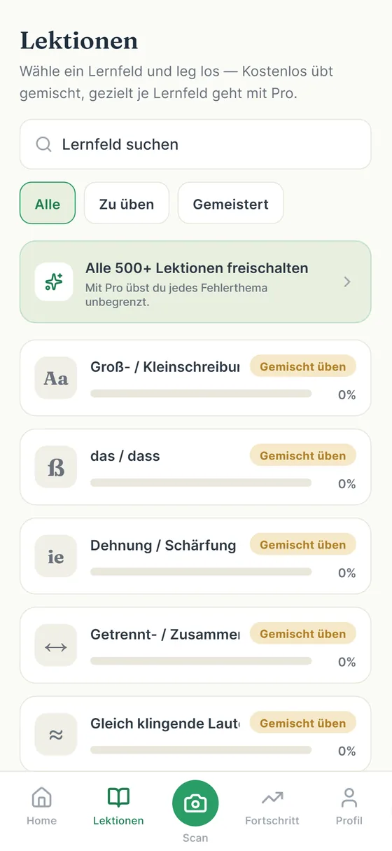 Lektionen: Übersicht aller Lernfelder mit Fortschritt